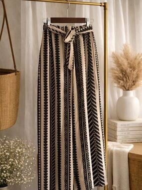 SHEIN Black & Beige Wide Leg Printed Pants with Tie Waist